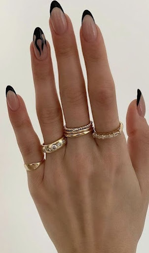 Black French Tip Flame Designed Nails