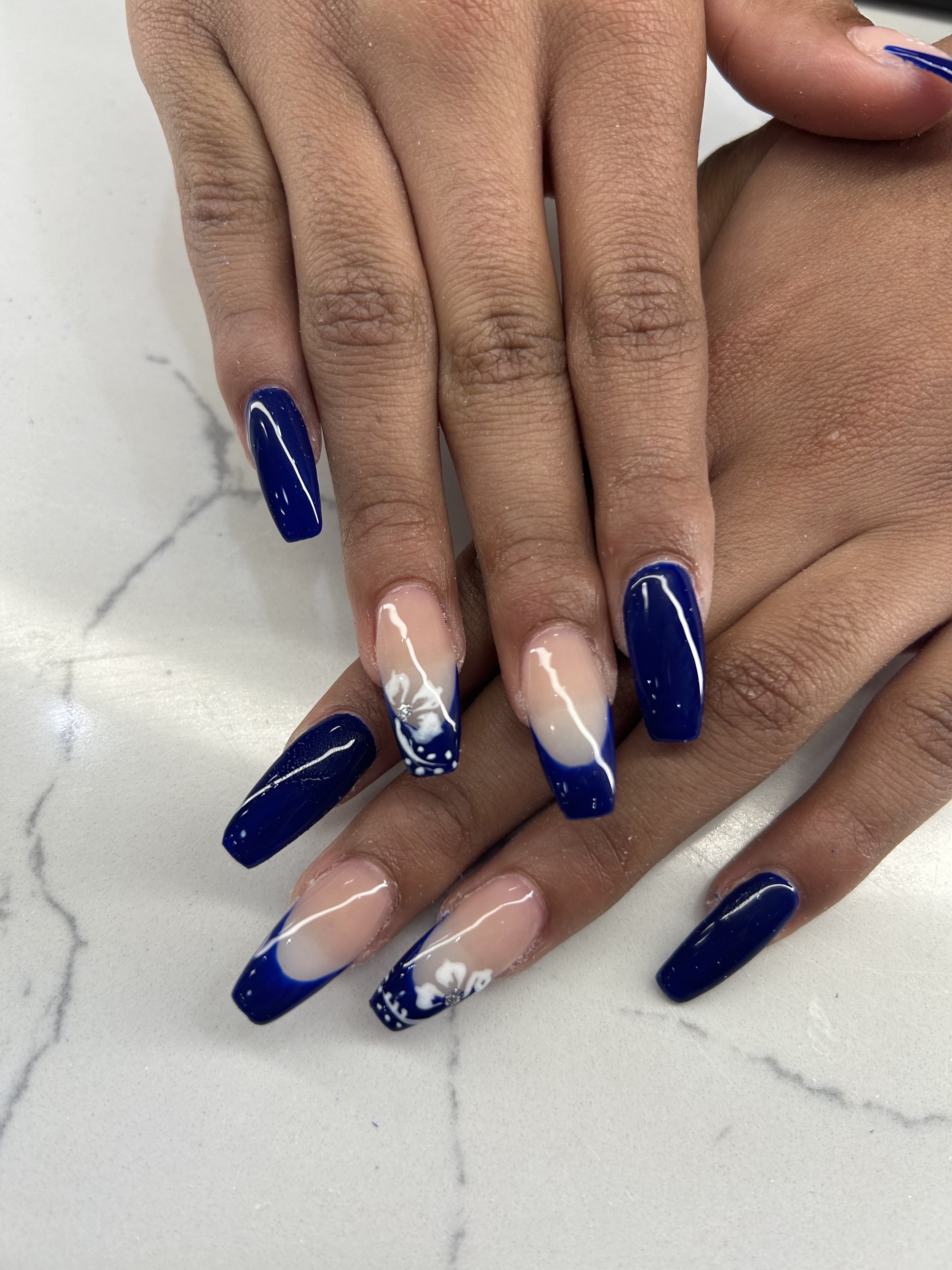 Hawaii Inspired White Flowers With Navy Indigo Dark Blue Accents and French Tip Nails