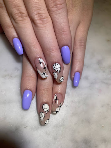 Sparkes and Melted Smiley Faces Unique Fun Purple Accent Color Black and White Nail Art Design Nails